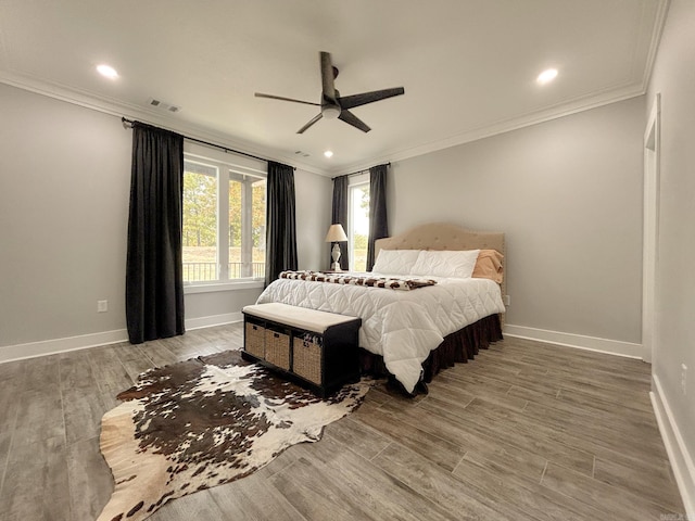 38 Oak Ridge Dr, Gepp, AR 72538 - bedroom featuring ornamental molding, baseboards, wood finished floors, recessed lighting, and ceiling fan