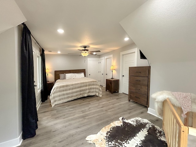 38 Oak Ridge Dr, Gepp, AR 72538 - bedroom with light wood-style flooring, baseboards, recessed lighting, and a ceiling fan