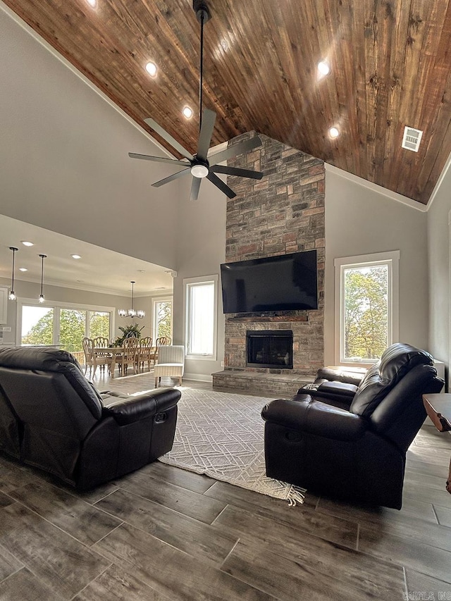 38 Oak Ridge Dr, Gepp, AR 72538 - living area featuring wood ceiling, a ceiling fan, high vaulted ceiling, plenty of natural light, and recessed lighting