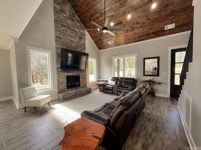 38 Oak Ridge Dr, Gepp, AR 72538 - living room featuring baseboards, wood-type flooring, ceiling fan, wooden ceiling, and high vaulted ceiling