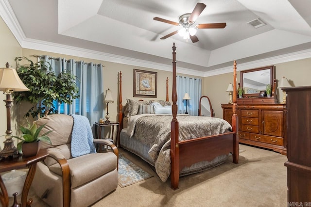 111 Country Oaks Dr, Malvern, AR 72104 - bedroom featuring a raised ceiling, light colored carpet, ornamental molding, and a ceiling fan