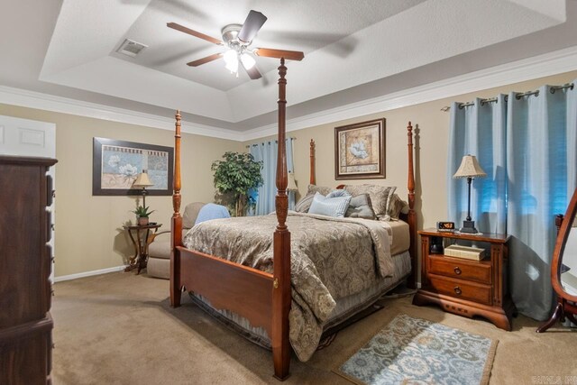111 Country Oaks Dr, Malvern, AR 72104 - bedroom with a raised ceiling, light colored carpet, ceiling fan, ornamental molding, and baseboards