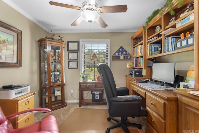 111 Country Oaks Dr, Malvern, AR 72104 - carpeted office with a ceiling fan, ornamental molding, and baseboards