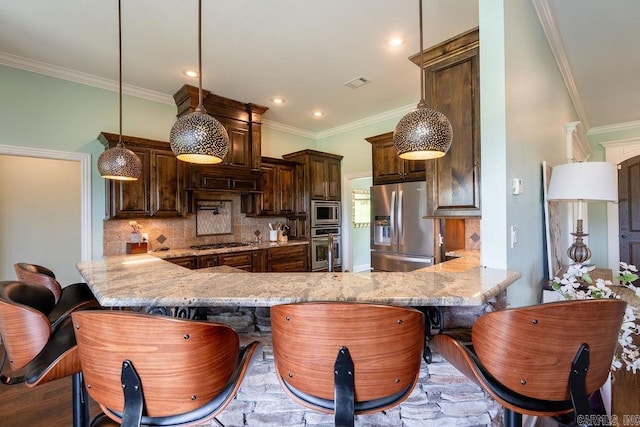 402 Nicholson Rd, Searcy, AR 72143 - kitchen with appliances with stainless steel finishes, crown molding, decorative backsplash, a peninsula, and light stone countertops