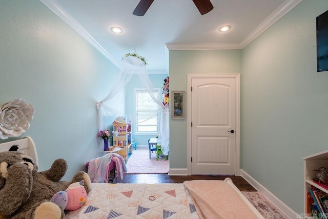 402 Nicholson Rd, Searcy, AR 72143 - bedroom featuring crown molding, dark wood-style floors, baseboards, a ceiling fan, and recessed lighting
