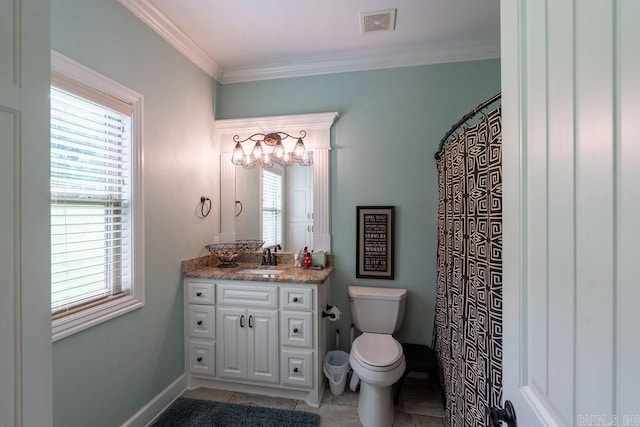 402 Nicholson Rd, Searcy, AR 72143 - bathroom featuring vanity, toilet, tile patterned flooring, healthy amount of natural light, and crown molding