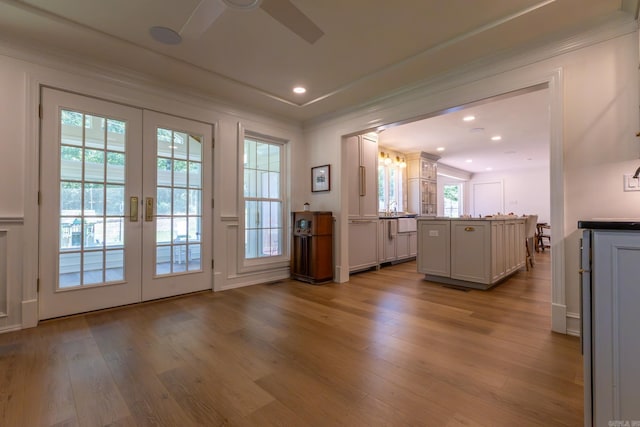 40 Tennyson Ct, North Little Rock, AR 72116 - doorway to outside with a ceiling fan, wood finished floors, french doors, ornamental molding, and recessed lighting