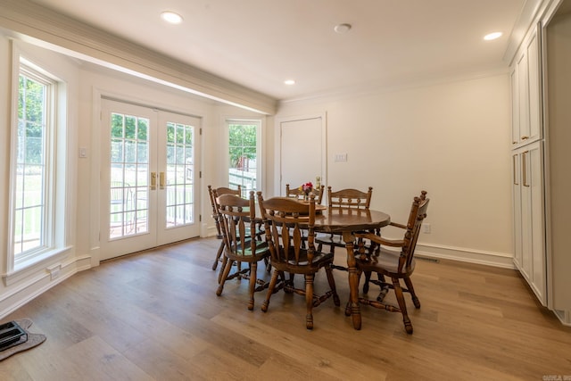 40 Tennyson Ct, North Little Rock, AR 72116 - dining area featuring french doors, crown molding, light wood-style flooring, baseboards, and recessed lighting