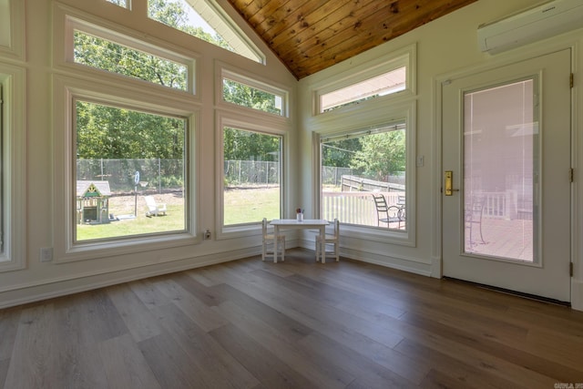 40 Tennyson Ct, North Little Rock, AR 72116 - unfurnished sunroom with an AC wall unit, vaulted ceiling, wood ceiling, and wood finished floors