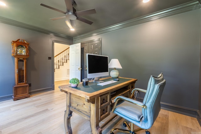 40 Tennyson Ct, North Little Rock, AR 72116 - office area with ceiling fan, crown molding, light wood-style flooring, baseboards, and recessed lighting