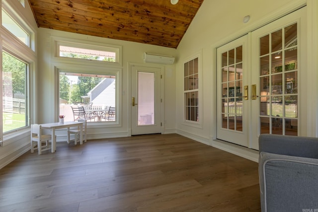 40 Tennyson Ct, North Little Rock, AR 72116 - sunroom / solarium featuring wood finished floors, wooden ceiling, an AC wall unit, french doors, and baseboards