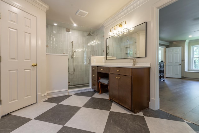 40 Tennyson Ct, North Little Rock, AR 72116 - bathroom with ornamental molding, a stall shower, vanity, baseboards, and recessed lighting