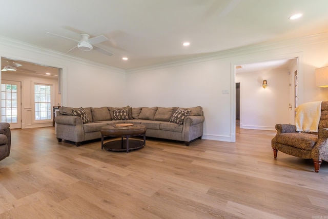 40 Tennyson Ct, North Little Rock, AR 72116 - living area featuring ceiling fan, ornamental molding, light wood finished floors, baseboards, and recessed lighting