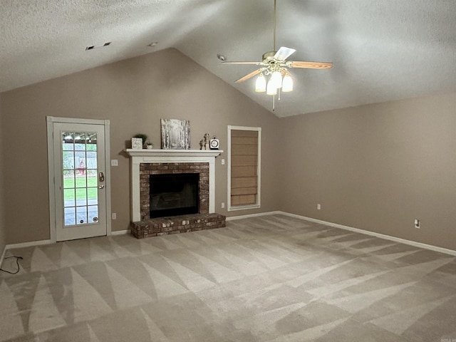 1828 Dove Dr, Benton, AR 72015 - unfurnished living room with vaulted ceiling, carpet, a textured ceiling, baseboards, and ceiling fan