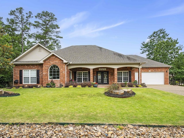 57 Excelso Way, Hot Springs Village, AR 71909 - view of front of home featuring french doors, brick siding, a garage, and driveway