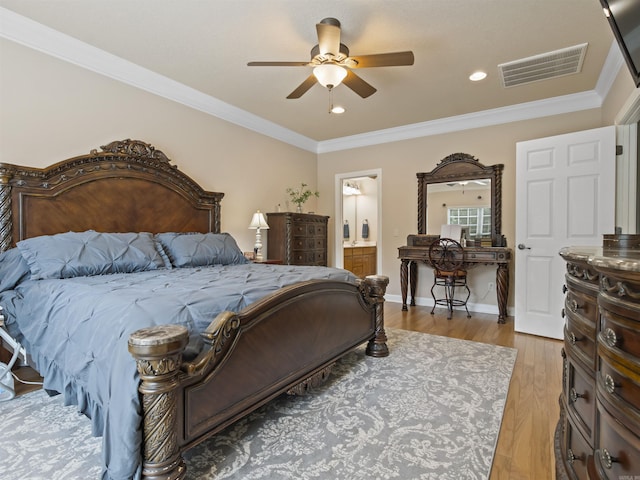 57 Excelso Way, Hot Springs Village, AR 71909 - bedroom with wood finished floors, baseboards, recessed lighting, ornamental molding, and ceiling fan