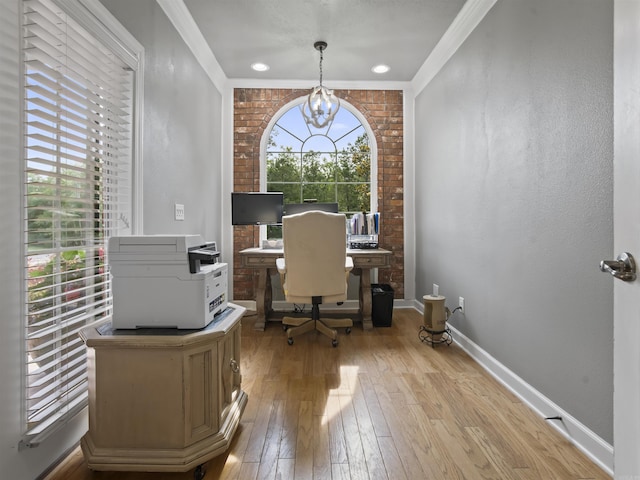 57 Excelso Way, Hot Springs Village, AR 71909 - office area featuring a chandelier, crown molding, light wood-style floors, and baseboards