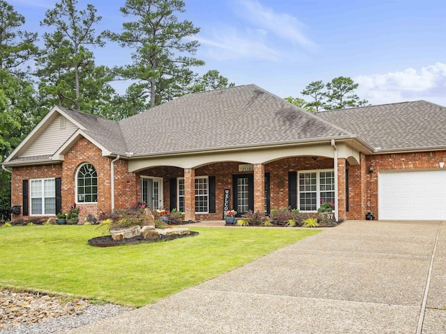 57 Excelso Way, Hot Springs Village, AR 71909 - traditional-style house with brick siding, roof with shingles, a garage, a front yard, and driveway