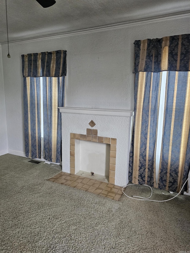1710 N Magnolia, North Little Rock, AR 72114 - unfurnished living room with carpet, a fireplace, and ornamental molding