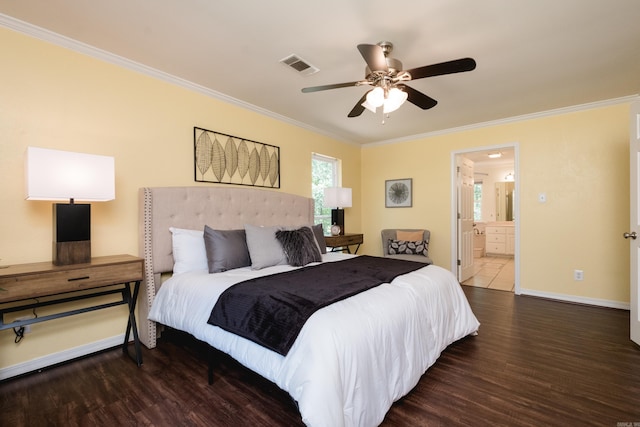 69 Quail Valley Rd, Sherwood, AR 72120 - bedroom with ornamental molding, wood finished floors, baseboards, connected bathroom, and ceiling fan