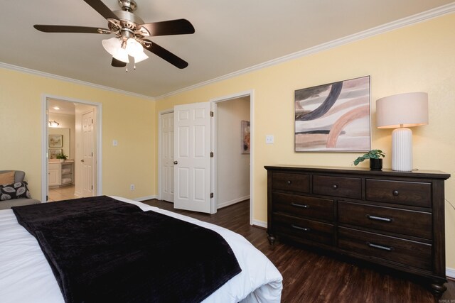69 Quail Valley Rd, Sherwood, AR 72120 - bedroom with crown molding, dark wood-style flooring, baseboards, ensuite bathroom, and ceiling fan