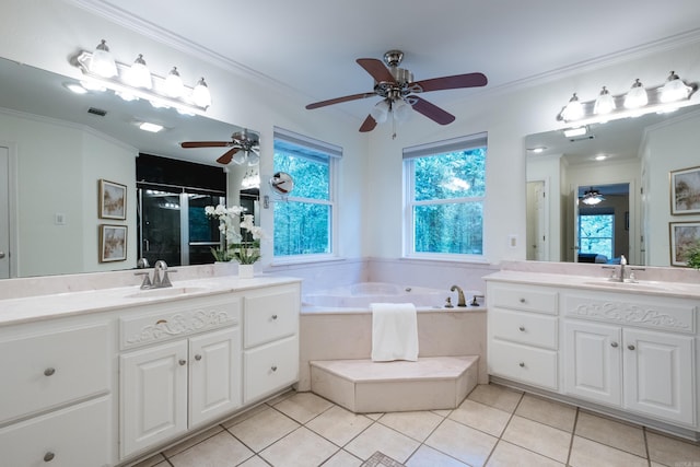 69 Quail Valley Rd, Sherwood, AR 72120 - full bath with two vanities, a stall shower, ornamental molding, ceiling fan, and tile patterned floors