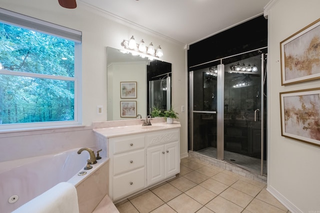 69 Quail Valley Rd, Sherwood, AR 72120 - full bathroom featuring tile patterned floors, vanity, a stall shower, a jetted tub, and ornamental molding