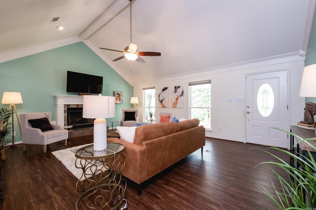 69 Quail Valley Rd, Sherwood, AR 72120 - living room with wood finished floors, a tiled fireplace, a ceiling fan, baseboards, and ornamental molding