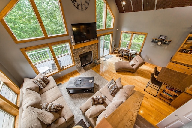 220 Brown Rd, Greers Ferry, AR 72067 - living area with high vaulted ceiling, a fireplace, wood finished floors, and wooden ceiling