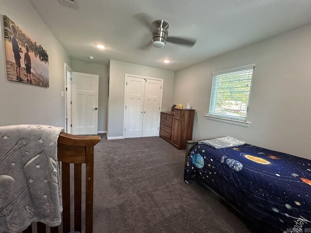 9 Whispering Dr, Alexander, AR 72002 - bedroom featuring dark colored carpet, a closet, and ceiling fan
