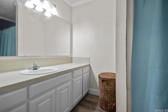21 Evergreen Park, Cabot, AR 72023 - bathroom with crown molding, wood finished floors, vanity, and curtained shower