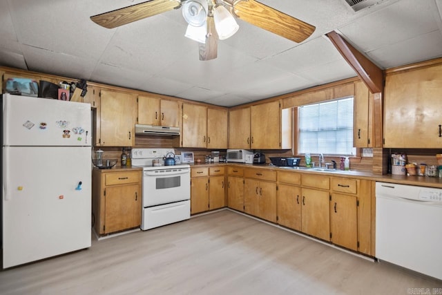21 Evergreen Park, Cabot, AR 72023 - kitchen featuring white appliances, under cabinet range hood, a sink, light wood-style floors, and a drop ceiling