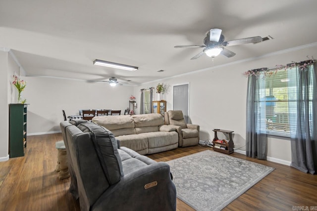 21 Evergreen Park, Cabot, AR 72023 - living room featuring ceiling fan, wood finished floors, baseboards, and crown molding