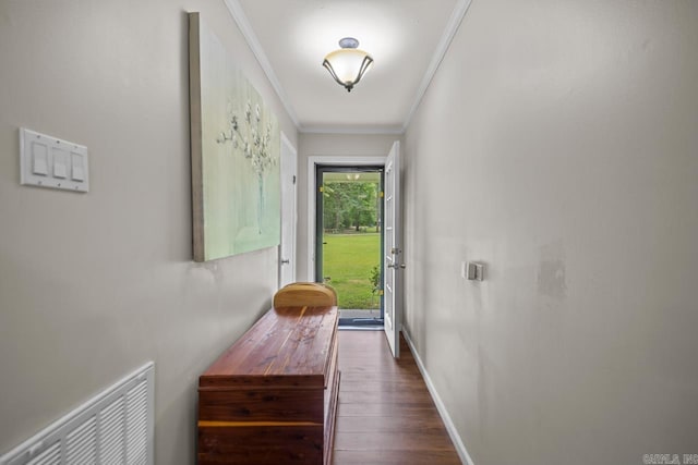 21 Evergreen Park, Cabot, AR 72023 - doorway featuring dark wood-type flooring, ornamental molding, and baseboards