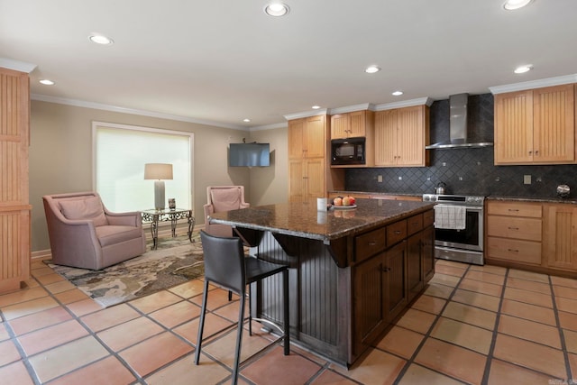 13 Heritage Park Cir, North Little Rock, AR 72116 - kitchen featuring wall chimney exhaust hood, stainless steel electric stove, black microwave, recessed lighting, and backsplash
