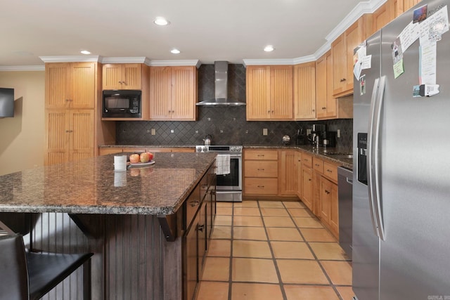 13 Heritage Park Cir, North Little Rock, AR 72116 - kitchen with stainless steel appliances, wall chimney range hood, ornamental molding, decorative backsplash, and light brown cabinets