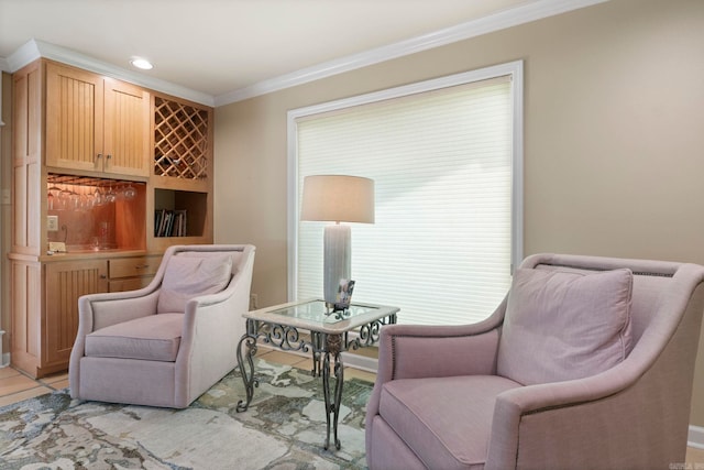 13 Heritage Park Cir, North Little Rock, AR 72116 - living area featuring ornamental molding and a dry bar