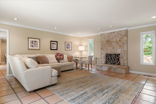 13 Heritage Park Cir, North Little Rock, AR 72116 - living area with tile patterned flooring, crown molding, recessed lighting, a fireplace, and baseboards
