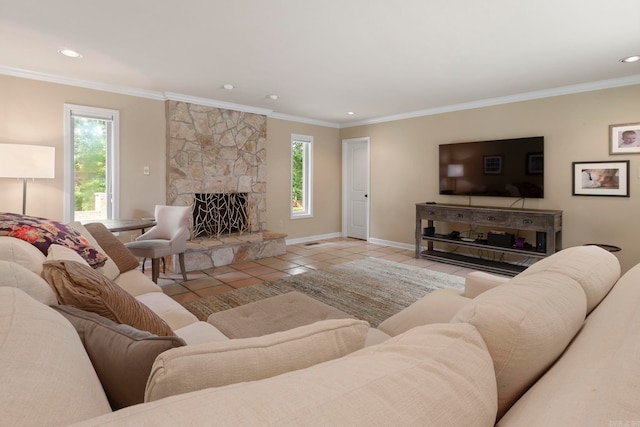13 Heritage Park Cir, North Little Rock, AR 72116 - tiled living room featuring baseboards, a stone fireplace, crown molding, and recessed lighting