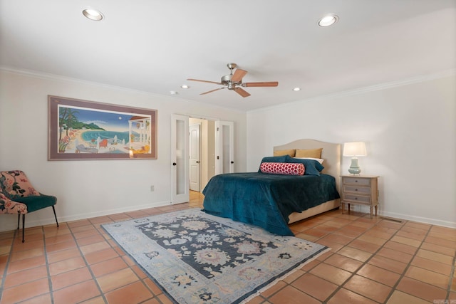 13 Heritage Park Cir, North Little Rock, AR 72116 - bedroom with crown molding, light tile patterned floors, recessed lighting, baseboards, and ceiling fan