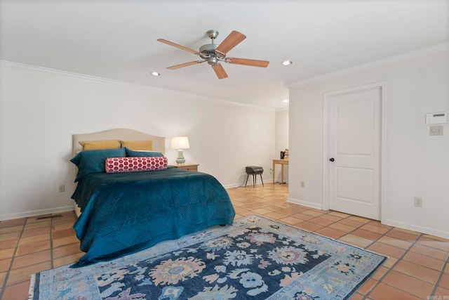 13 Heritage Park Cir, North Little Rock, AR 72116 - bedroom with tile patterned floors, crown molding, recessed lighting, baseboards, and a ceiling fan