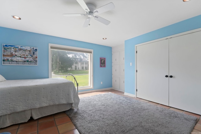 13 Heritage Park Cir, North Little Rock, AR 72116 - tiled bedroom featuring a ceiling fan, recessed lighting, baseboards, and a closet