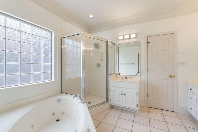 5 Cypress Pt, Little Rock, AR 72212 - full bath with vanity, a stall shower, a whirlpool tub, crown molding, and plenty of natural light