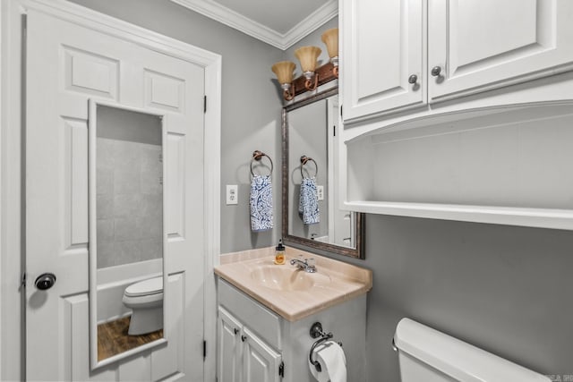 15621 Mail Route Rd, Little Rock, AR 72206 - bathroom featuring toilet, ornamental molding, and vanity