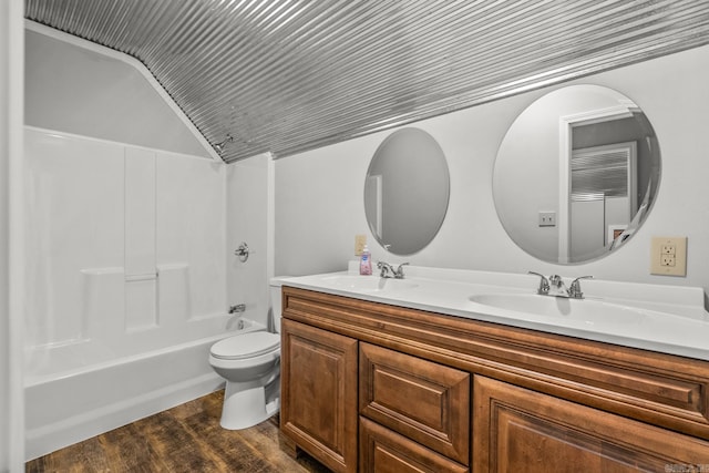 15621 Mail Route Rd, Little Rock, AR 72206 - bathroom with double vanity, toilet, shower / tub combination, wood finished floors, and lofted ceiling