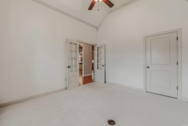 26 Kanis Creek Pl, Little Rock, AR 72223 - unfurnished bedroom featuring crown molding, carpet, high vaulted ceiling, baseboards, and a ceiling fan