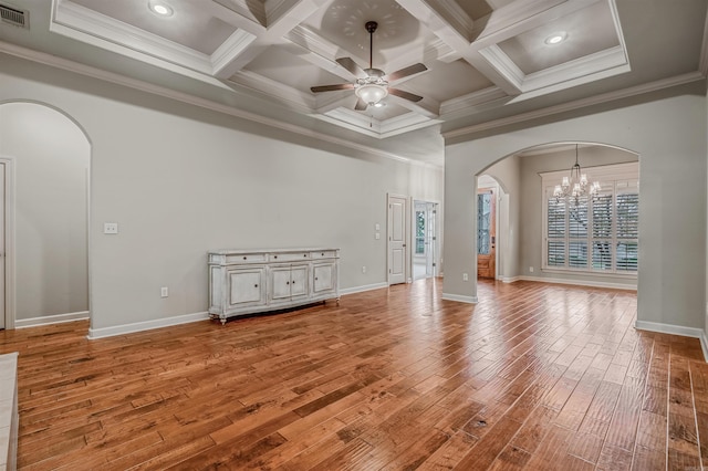 26 Kanis Creek Pl, Little Rock, AR 72223 - spare room with arched walkways, ceiling fan, crown molding, coffered ceiling, and wood finished floors