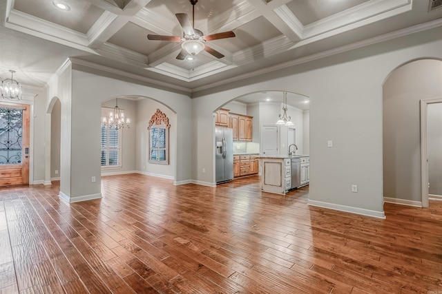 26 Kanis Creek Pl, Little Rock, AR 72223 - unfurnished living room featuring a ceiling fan, ornamental molding, a sink, hardwood / wood-style flooring, and coffered ceiling