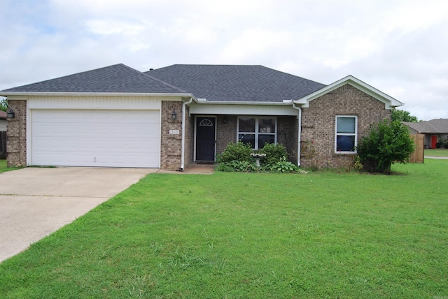 148 Peach St, Austin, AR 72007 - ranch-style home featuring a front yard, an attached garage, roof with shingles, driveway, and brick siding