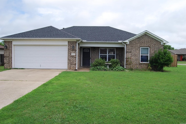 148 Peach St, Austin, AR 72007 - ranch-style home with a front yard, a garage, roof with shingles, concrete driveway, and brick siding
